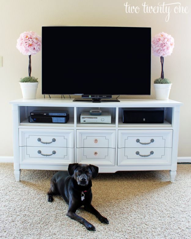 DIY Media Consoles and TV Stands - Dresser Turned TV Stand - Make a Do It Yourself Entertainment Center With These Easy Step By Step Tutorials - Easy Farmhouse Decor Media Stand for Television - Free Plans and Instructions for Building and Painting Your Own DIY Furniture - IKEA Hacks for TV Stand Idea - Quick and Easy Ways to Decorate Your Home On A Budget #diyhomedecor