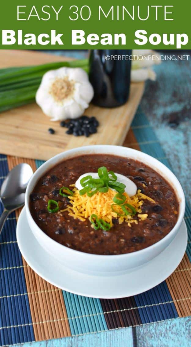 Easy Dinner Ideas for One - Easy 30 Minute Black Bean Soup - Quick, Fast and Simple Recipes to Make for a Single Person - Freeze and Make Ahead Dinner Recipe Tips for Best Weeknight Dinners for Singles - Chicken, Fish, Vegetable, No Bake and Vegetarian Options - Crockpot, Microwave, Healthy, Lowfat Options 