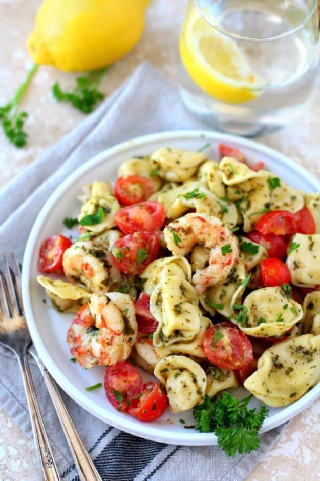 Easy Dinner Ideas for Two - Easy Pesto Shrimp Tortellini Salad - Quick, Fast and Simple Recipes to Make for Two People - Freeze and Make Ahead Dinner Recipe Tips for Best Weeknight Dinners - Chicken, Fish, Vegetable, No Bake and Vegetarian Options - Crockpot, Microwave, Healthy, Lowfat 