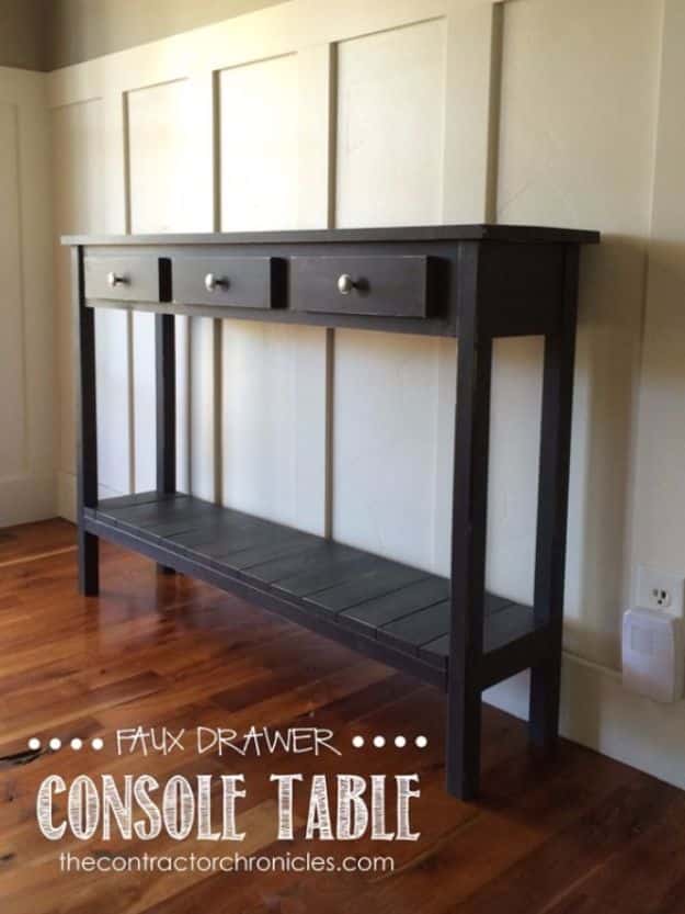 DIY Media Consoles and TV Stands - Faux Drawer Farmhouse Console Table - Make a Do It Yourself Entertainment Center With These Easy Step By Step Tutorials - Easy Farmhouse Decor Media Stand for Television - Free Plans and Instructions for Building and Painting Your Own DIY Furniture - IKEA Hacks for TV Stand Idea - Quick and Easy Ways to Decorate Your Home On A Budget #diyhomedecor