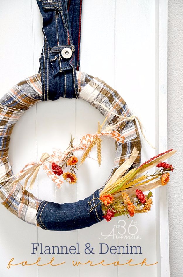 Best Crafts for Fall Decorating - Flannel And Denim Fall Wreath - DIY Home Decor, Mason Jar Ideas, Dollar Store Crafts, Rustic Pumpkin Ideas, Wreaths, Candles and Wall Art, Centerpieces