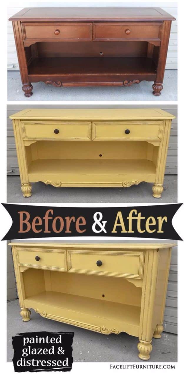 DIY Media Consoles and TV Stands - Media Console in Yellow with Black Glaze - Make a Do It Yourself Entertainment Center With These Easy Step By Step Tutorials - Easy Farmhouse Decor Media Stand for Television - Free Plans and Instructions for Building and Painting Your Own DIY Furniture - IKEA Hacks for TV Stand Idea - Quick and Easy Ways to Decorate Your Home On A Budget #diyhomedecor