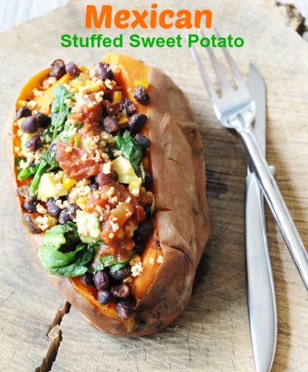 Easy Dinner Ideas for One - Mexican Stuffed Sweet Potato - Quick, Fast and Simple Recipes to Make for a Single Person - Freeze and Make Ahead Dinner Recipe Tips for Best Weeknight Dinners for Singles - Chicken, Fish, Vegetable, No Bake and Vegetarian Options - Crockpot, Microwave, Healthy, Lowfat Options 