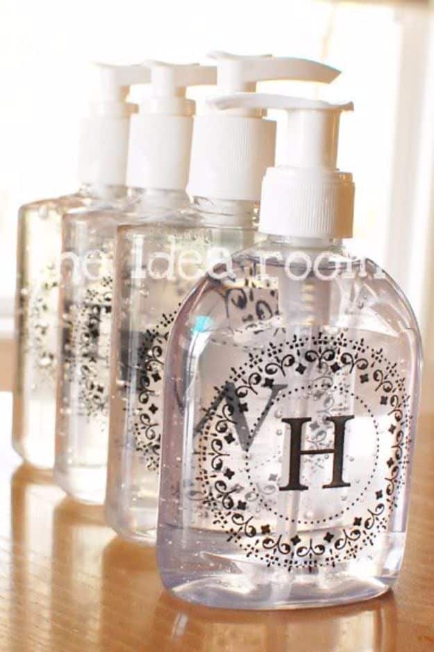 Cheap Wedding Gift Ideas - Monogrammed Hand Sanitizer Soap Bottles - DIY Wedding Gifts You Can Make On A Budget - Quick and Easy Ideas for Handmade Presents for the Couple Getting Married - Inexpensive Things To Make for Bride and Groom - DIY Home Decor, Wall Art, Glassware, Furniture, Tableware, Place Settings, Cake and Cookie Plates and Glasses #diyweddings #weddinggifts