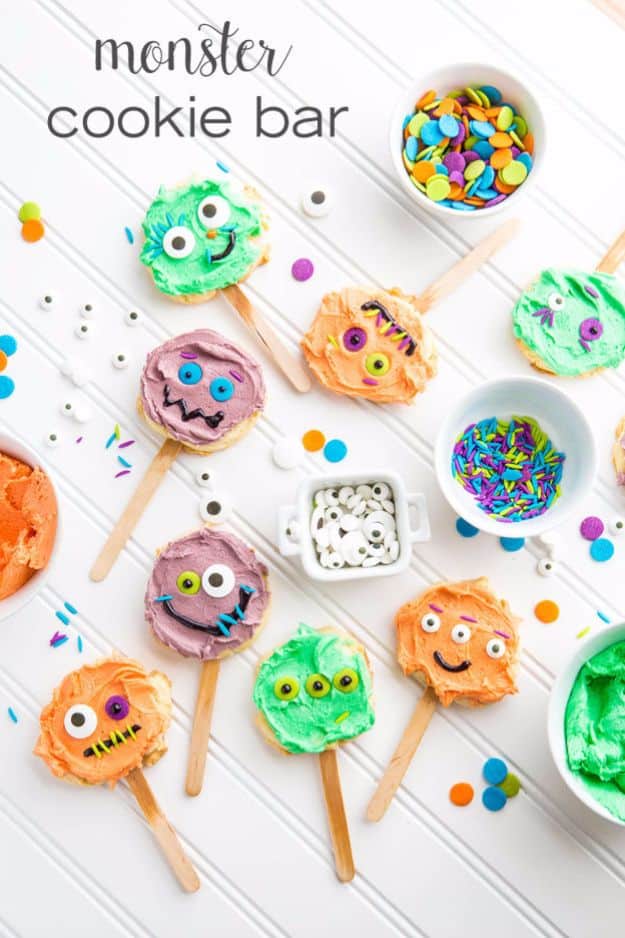 Cute Halloween Cookies - Monster Cookie Bar - Easy Recipes and Cookie Tutorials for Making Quick Halloween Treats - Spooky DIY Decorated Ghosts, Pumpkins, Bats, No Bake, Spiders and Spiderwebs, Tombstones and Healthy Options, Kids and Teens Cookies for School #halloween #halloweencookies