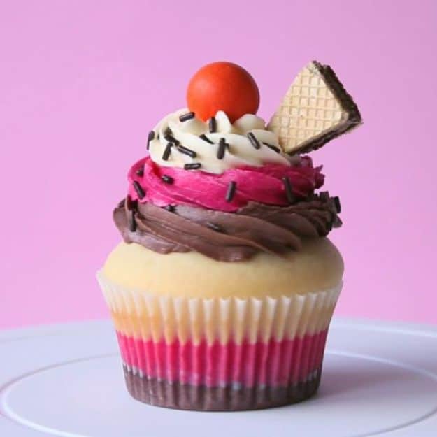 Cool Cupcake Decorating Ideas - Neapolitan Cupcakes - Easy Ways To Decorate Cute, Adorable Cupcakes - Quick Recipes and Simple Decorating Tips With Icing, Candy, Chocolate, Buttercream Frosting and Fruit kids birthday party ideas cake