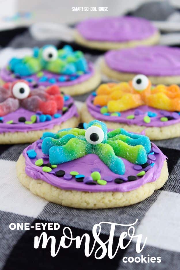 Cute Halloween Cookies - One Eyed Monster Cookies - Easy Recipes and Cookie Tutorials for Making Quick Halloween Treats - Spooky DIY Decorated Ghosts, Pumpkins, Bats, No Bake, Spiders and Spiderwebs, Tombstones and Healthy Options, Kids and Teens Cookies for School #halloween #halloweencookies