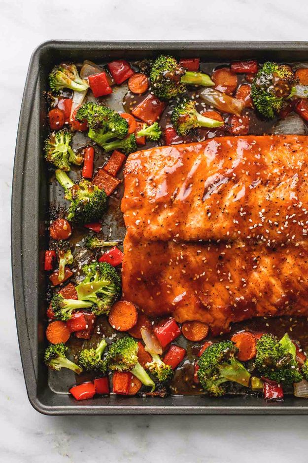 Easy Dinner Ideas for One - One Pan Baked Teriyaki Salmon And Vegetables - Quick, Fast and Simple Recipes to Make for a Single Person - Freeze and Make Ahead Dinner Recipe Tips for Best Weeknight Dinners for Singles - Chicken, Fish, Vegetable, No Bake and Vegetarian Options - Crockpot, Microwave, Healthy, Lowfat Options 