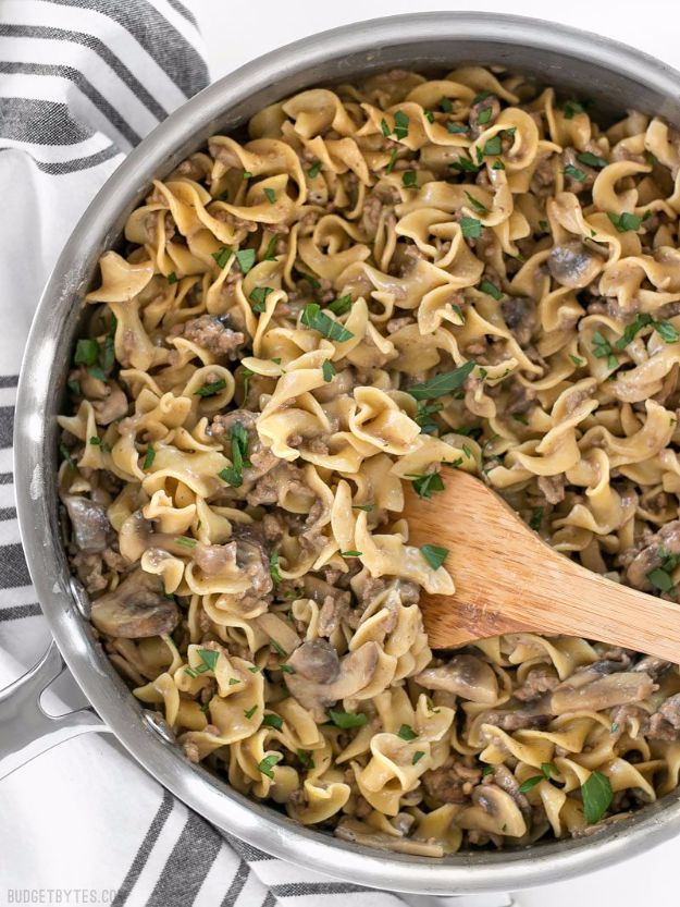 Easy Dinner Ideas for One - One Pot Beef And Mushroom Stroganoff - Quick, Fast and Simple Recipes to Make for a Single Person - Freeze and Make Ahead Dinner Recipe Tips for Best Weeknight Dinners for Singles - Chicken, Fish, Vegetable, No Bake and Vegetarian Options - Crockpot, Microwave, Healthy, Lowfat Options 