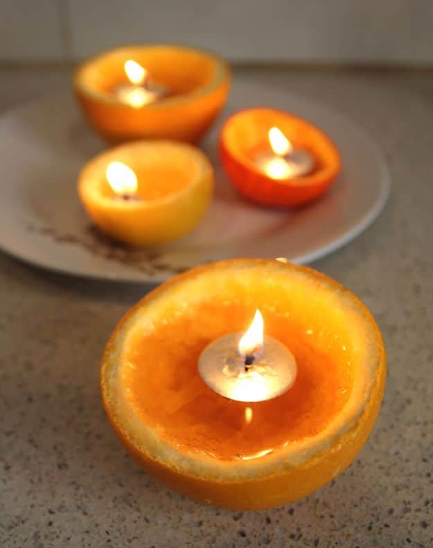 DIY Ideas for Candles - Orange Peel Candle - Cute, Cheap and Creative Ways to Decorate With Candles - Votives and Candle Holders Make Some Of Our Favorite Home Decor Ideas and Homemade Do It Yourself Gifts - Give One of These Inexpensive Ideas to Mom, Dad and Friends - Easy Dollar Store Crafts With Candle 