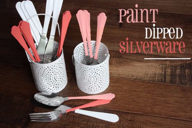 DIY Silverware Upgrades - Paint Dipped Silverware DIY - Creative Ways To Improve Boring Silver Ware and Palce Settings - Paint, Decorate and Update Your Flatware With These Creative Do IT Yourself Tutorials- Forks, Knives and Spoons all Get Dressed Up With These New Looks For Kitchen and Dining Room 