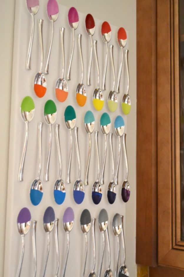 DIY Silverware Upgrades - Painted Spoons Wall Art - Creative Ways To Improve Boring Silver Ware and Palce Settings - Paint, Decorate and Update Your Flatware With These Creative Do IT Yourself Tutorials- Forks, Knives and Spoons all Get Dressed Up With These New Looks For Kitchen and Dining Room 