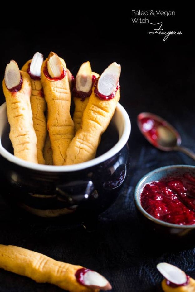 Cute Halloween Cookies - Paleo Witch Finger Cookies - Easy Recipes and Cookie Tutorials for Making Quick Halloween Treats - Spooky DIY Decorated Ghosts, Pumpkins, Bats, No Bake, Spiders and Spiderwebs, Tombstones and Healthy Options, Kids and Teens Cookies for School #halloween #halloweencookies