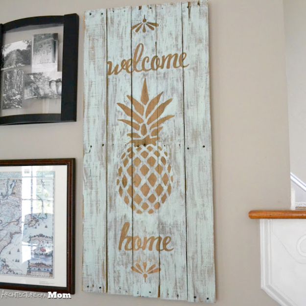 Rustic Wall Art Ideas - Pineapple Wooden Welcome Wall Art - DIY Farmhouse Wall Art and Vintage Decor for Walls - Country Crafts and Rustic Home Decor Made Easy With Instructions and Tutorials - String Art, Repurposed Pallet Projects, Mason Jar Crafts, Vintage Signs, Word Art and Letters, Monograms and Sewing Projects 