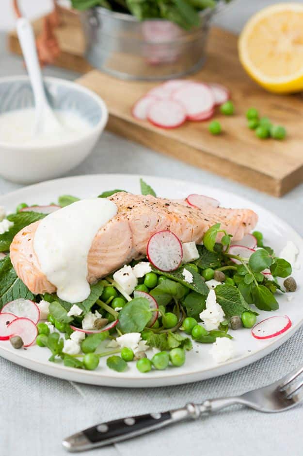 Easy Dinner Ideas for One - Poached Salmon, Peas, Feta With Mint And Yogurt Dressing - Quick, Fast and Simple Recipes to Make for a Single Person - Freeze and Make Ahead Dinner Recipe Tips for Best Weeknight Dinners for Singles - Chicken, Fish, Vegetable, No Bake and Vegetarian Options - Crockpot, Microwave, Healthy, Lowfat Options 