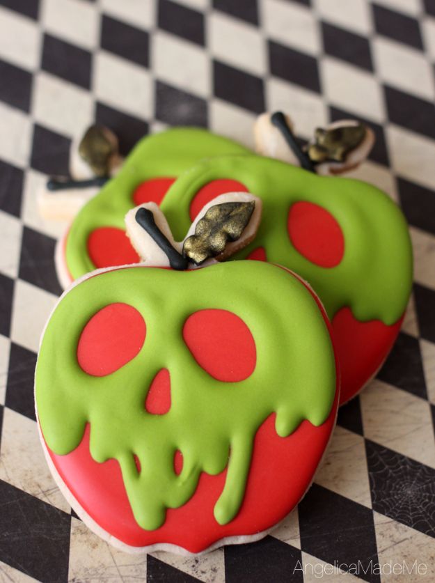 Cute Halloween Cookies - Poison Apple Sugar Cookies - Easy Recipes and Cookie Tutorials for Making Quick Halloween Treats - Spooky DIY Decorated Ghosts, Pumpkins, Bats, No Bake, Spiders and Spiderwebs, Tombstones and Healthy Options, Kids and Teens Cookies for School #halloween #halloweencookies