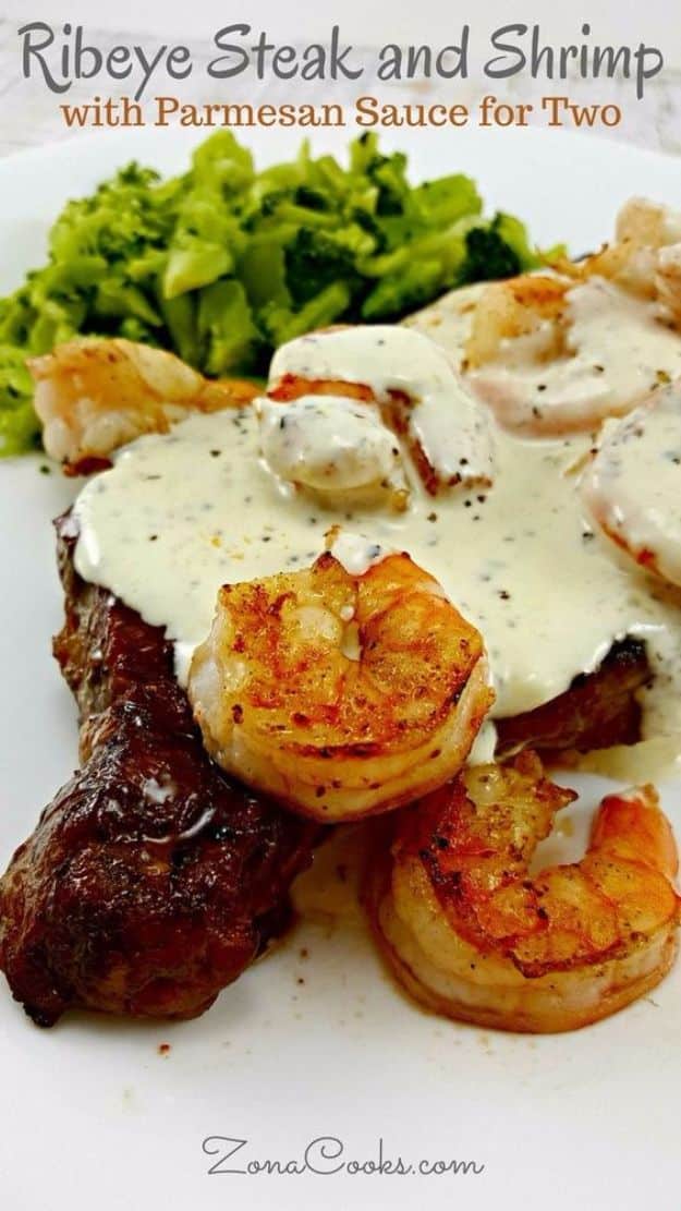 Easy Dinner Ideas for Two - Rib Eye Steak and Shrimp with Parmesan Sauce Recipe for Two - Quick, Fast and Simple Recipes to Make for Two People - Freeze and Make Ahead Dinner Recipe Tips for Best Weeknight Dinners - Chicken, Fish, Vegetable, No Bake and Vegetarian Options - Crockpot, Microwave, Healthy, Lowfat 