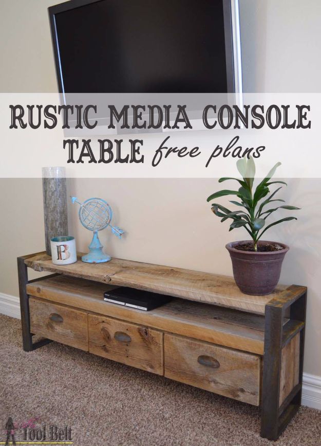 DIY Media Consoles and TV Stands - Rustic Media Console Table - Make a Do It Yourself Entertainment Center With These Easy Step By Step Tutorials - Easy Farmhouse Decor Media Stand for Television - Free Plans and Instructions for Building and Painting Your Own DIY Furniture - IKEA Hacks for TV Stand Idea - Quick and Easy Ways to Decorate Your Home On A Budget #diyhomedecor