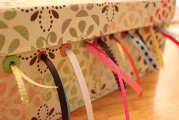 DIY Ideas With Shoe Boxes - Shoebox Ribbon Storage - Shoe Box Crafts and Organizers for Storage - How To Make A Shelf, Makeup Organizer, Kids Room Decoration, Storage Ideas Projects - Cheap Home Decor DIY Ideas for Kids, Adults and Teens Rooms #diyideas #upcycle