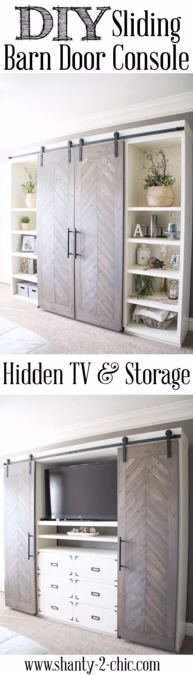 Rustic Farmhouse DIY Media Consoles and TV Stands - Sliding Barn Door Media Console - Make a Do It Yourself Entertainment Center With These Easy Step By Step Tutorials - Easy Farmhouse Decor Media Stand for Television - Free Plans and Instructions for Building and Painting Your Own DIY Furniture - IKEA Hacks for TV Stand Idea - Quick and Easy Ways to Decorate Your Home On A Budget #diyhomedecor