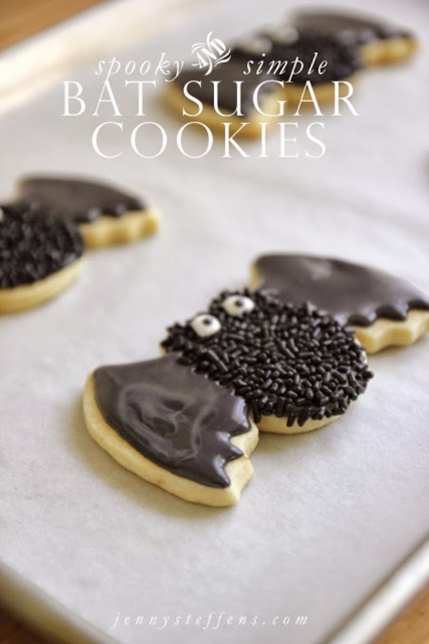 Cute Halloween Cookies - Spooky Bat Sugar Cookies - Easy Recipes and Cookie Tutorials for Making Quick Halloween Treats - Spooky DIY Decorated Ghosts, Pumpkins, Bats, No Bake, Spiders and Spiderwebs, Tombstones and Healthy Options, Kids and Teens Cookies for School #halloween #halloweencookies
