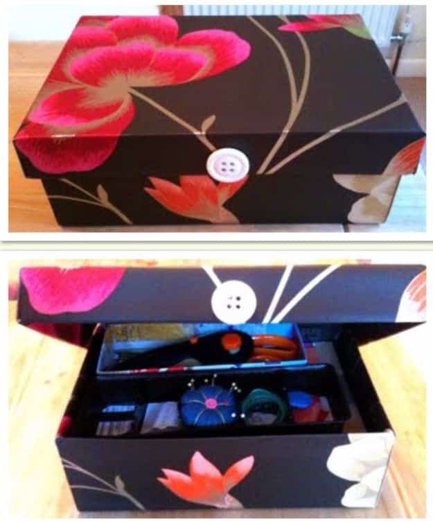 DIY Ideas With Shoe Boxes - Two Tiered Sewing Kit - Shoe Box Crafts and Organizers for Storage - How To Make A Shelf, Makeup Organizer, Kids Room Decoration, Storage Ideas Projects - Cheap Home Decor DIY Ideas for Kids, Adults and Teens Rooms #diyideas #upcycle