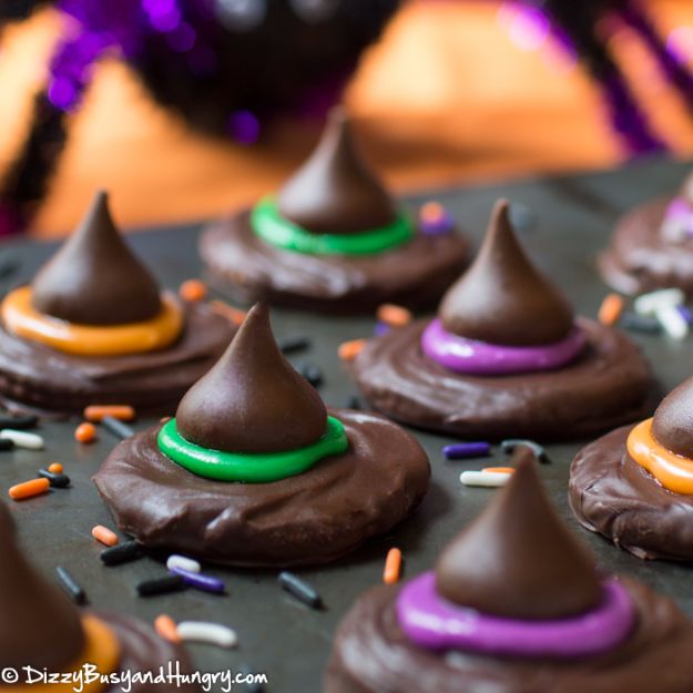 Cute Halloween Cookies - Witch Hat Cookies - Easy Recipes and Cookie Tutorials for Making Quick Halloween Treats - Spooky DIY Decorated Ghosts, Pumpkins, Bats, No Bake, Spiders and Spiderwebs, Tombstones and Healthy Options, Kids and Teens Cookies for School #halloween #halloweencookies