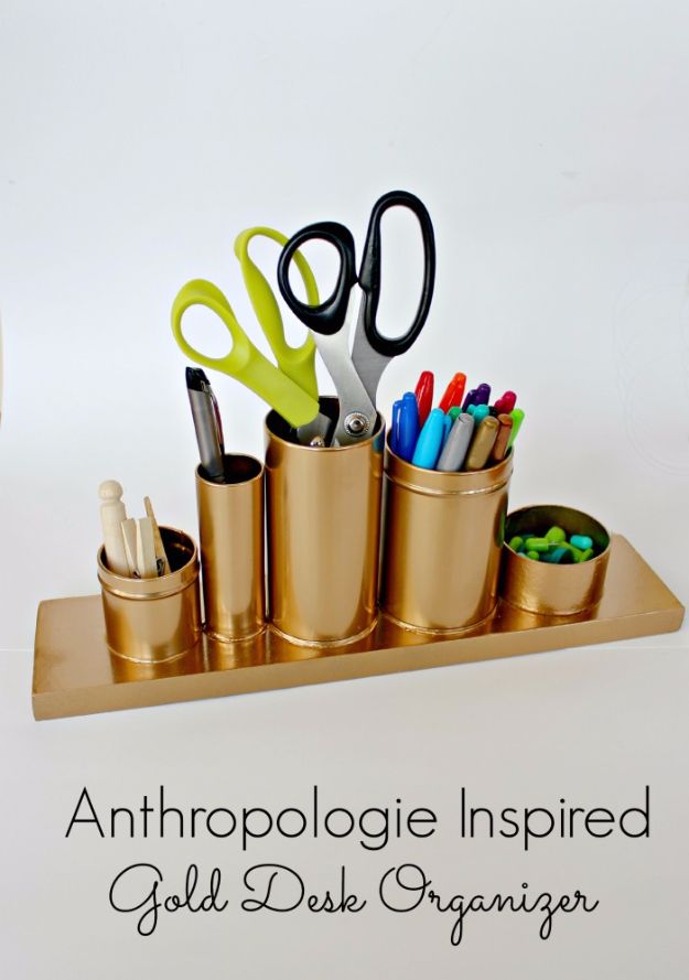 Last Minute Christmas Gifts - Anthropologie Inspired Gold Desk Organizer - Quick DIY Gift Ideas and Easy Christmas Presents To Make for Mom, Dad, Family and Friends - Dollar Store Crafts and Cheap Homemade Gifts 