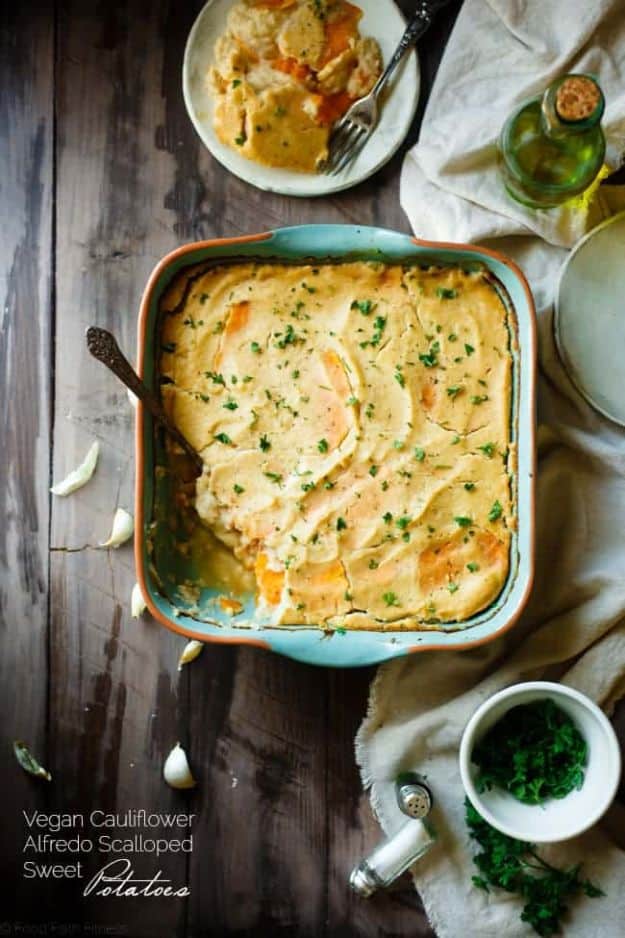 Best Thanksgiving Side Dishes - Cauliflower Alfredo Vegan Scalloped Sweet Potatoes - Easy Make Ahead and Crockpot Versions of the Best Thanksgiving Recipes #thanksgiving #recipes