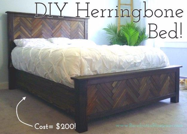 DIY Platform Beds - DIY Herringbone Bed - Easy Do It Yourself Bed Projects - Step by Step Tutorials for Bedroom Furniture - Learn How To Make Twin, Full, King and Queen Size Platforms - With Headboard, Storage, Drawers, Made from Pallets - Cheap Ideas You Can Make on a Budget 