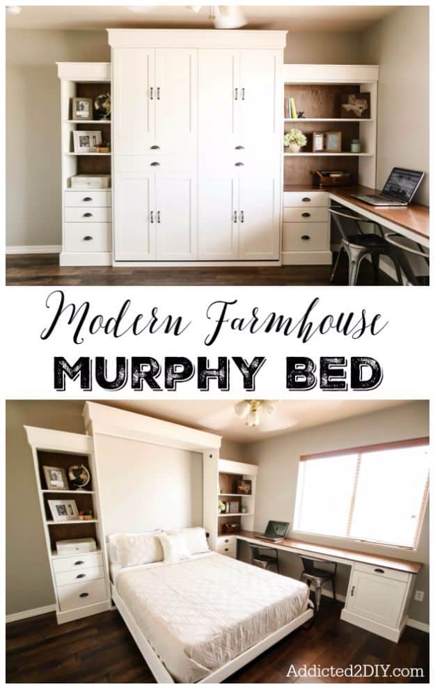 DIY Platform Beds - DIY Modern Farmhouse Murphy Bed - Easy Do It Yourself Bed Projects - Step by Step Tutorials for Bedroom Furniture - Learn How To Make Twin, Full, King and Queen Size Platforms - With Headboard, Storage, Drawers, Made from Pallets - Cheap Ideas You Can Make on a Budget 