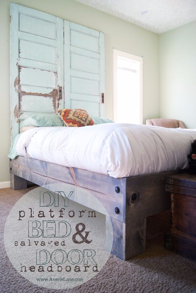 DIY Platform Beds - DIY Platform Bed And Salvaged Door Headboard - Easy Do It Yourself Bed Projects - Step by Step Tutorials for Bedroom Furniture - Learn How To Make Twin, Full, King and Queen Size Platforms - With Headboard, Storage, Drawers, Made from Pallets - Cheap Ideas You Can Make on a Budget 