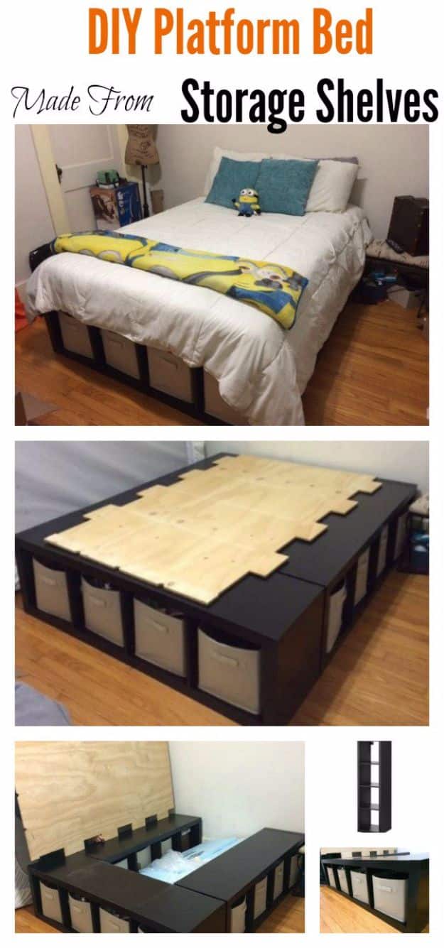 DIY Platform Beds - DIY Platform Bed Made From Storage Shelves - Easy Do It Yourself Bed Projects - Step by Step Tutorials for Bedroom Furniture - Learn How To Make Twin, Full, King and Queen Size Platforms - With Headboard, Storage, Drawers, Made from Pallets - Cheap Ideas You Can Make on a Budget 