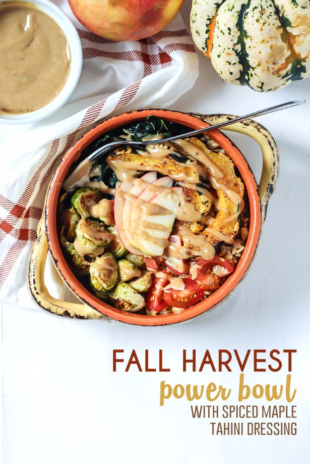 Best Fall Recipes and Ideas for Dinner - Fall Harvest Power Bowl With Spiced Maple Tahini Dressing - Quick Meals With Chicken, Beef and Fish, Easy Crockpot Meals and Make Ahead Soups and Dinners - Healthy Dinner Recipes and Fast Last Minute Foods With Spinach, Vegetables, Butternut Squash, Pumpkin and Nuts 