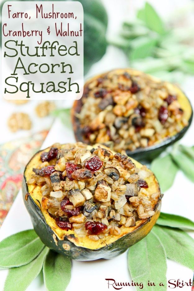 Healthy Thanksgiving Recipes - Farro, Mushroom, Cranberry & Walnut Stuffed Acorn Squash - Low fat Versions of Your Favorite Holiday Recipe for Turkey, Stuffing, Gravy, Pie and Desserts, Appetizers, Vegetables and Side Dishes like Spinach, Broccoli, Cranberries, Mashed Potatoes, Sweet Potatoes and Green Beans - Easy and Quick Last Minute Thanksgiving Recipes for Low Carb, Low Fat and Clean Eating Diet 