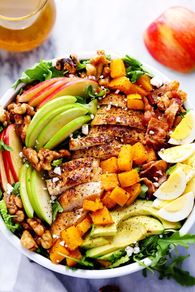 Best Fall Recipes and Ideas for Dinner - Harvest Cobb Chicken Salad With Honey Apple Cider Vinaigrette - Quick Meals With Chicken, Beef and Fish, Easy Crockpot Meals and Make Ahead Soups and Dinners - Healthy Dinner Recipes and Fast Last Minute Foods With Spinach, Vegetables, Butternut Squash, Pumpkin and Nuts 