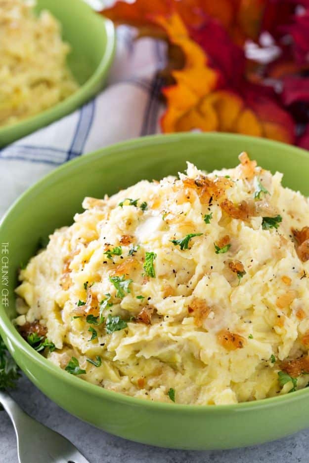 Best Thanksgiving Side Dishes - Horseradish Mashed Potatoes With Caramelized Onions - Easy Make Ahead and Crockpot Versions of the Best Thanksgiving Recipes #thanksgiving #recipes
