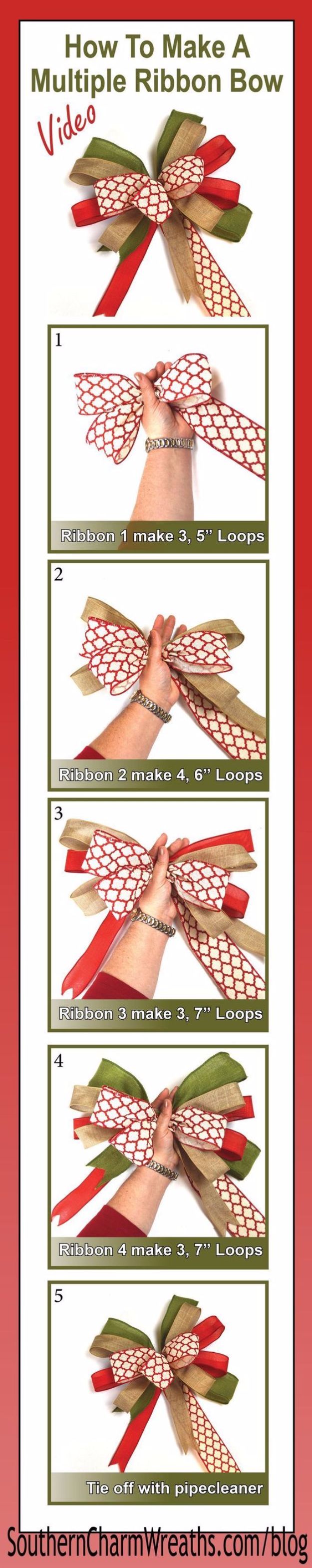 Creative Bows For Packages - Make a Bow with Multiple Ribbons - Make DIY Bows for Christmas Presents and Holiday Gifts - Cute and Easy Ideas for Making Your Own Bows and Ribbons - Step by Step Tutorials and Instructions for Tying A Bow - Cheap and Crafty Gift Wrapping Ideas on A Budget #diy #gifts #giftwrapping #christmasgifts