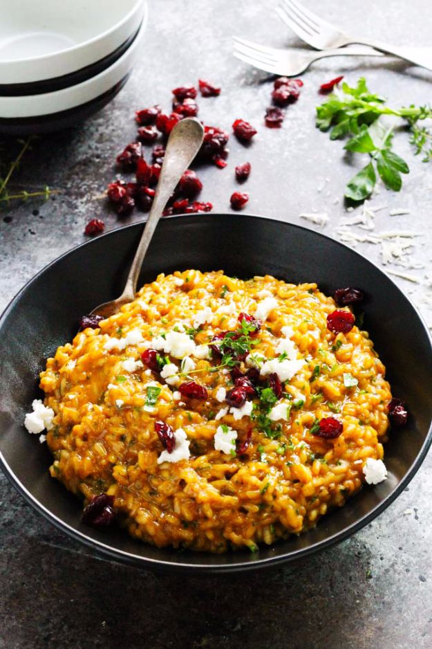 Healthy Thanksgiving Recipes - Pumpkin Risotto With Goat Cheese & Dried Cranberries - Low fat Versions of Your Favorite Holiday Recipe for Turkey, Stuffing, Gravy, Pie and Desserts, Appetizers, Vegetables and Side Dishes like Spinach, Broccoli, Cranberries, Mashed Potatoes, Sweet Potatoes and Green Beans - Easy and Quick Last Minute Thanksgiving Recipes for Low Carb, Low Fat and Clean Eating Diet 
