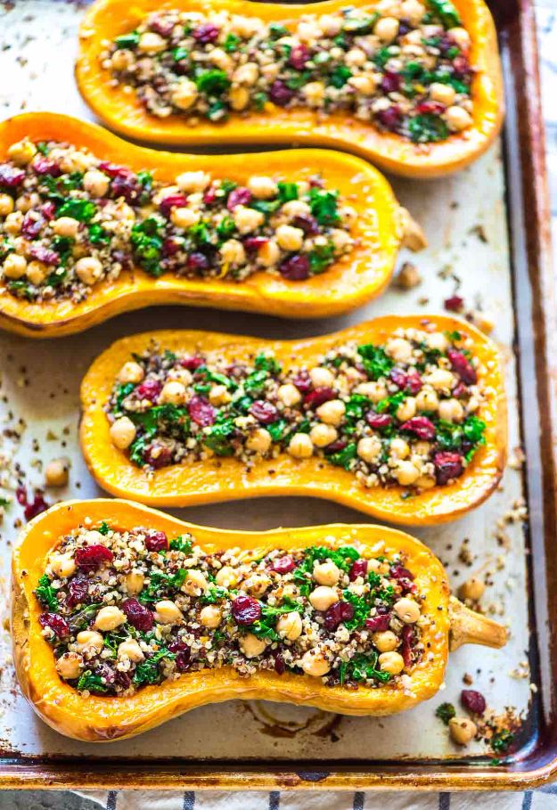 Healthy Thanksgiving Recipes - Stuffed Butternut Squash with Quinoa Cranberries and Kale - Low fat Versions of Your Favorite Holiday Recipe for Turkey, Stuffing, Gravy, Pie and Desserts, Appetizers, Vegetables and Side Dishes like Spinach, Broccoli, Cranberries, Mashed Potatoes, Sweet Potatoes and Green Beans - Easy and Quick Last Minute Thanksgiving Recipes for Low Carb, Low Fat and Clean Eating Diet 