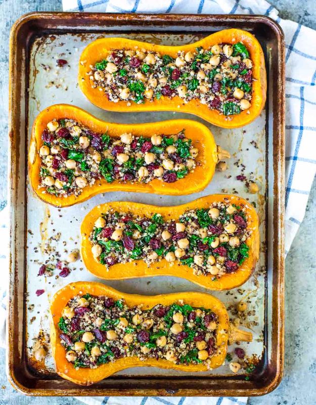 Best Fall Recipes and Ideas for Dinner - Stuffed Butternut Squash with Quinoa Cranberries and Kale - Quick Meals With Chicken, Beef and Fish, Easy Crockpot Meals and Make Ahead Soups and Dinners - Healthy Dinner Recipes and Fast Last Minute Foods With Spinach, Vegetables, Butternut Squash, Pumpkin and Nuts 