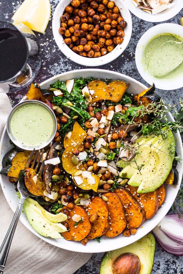 Best Fall Recipes and Ideas for Dinner - Sweet Potato, Squash and Kale Buddha Bowl - Quick Meals With Chicken, Beef and Fish, Easy Crockpot Meals and Make Ahead Soups and Dinners - Healthy Dinner Recipes and Fast Last Minute Foods With Spinach, Vegetables, Butternut Squash, Pumpkin and Nuts 