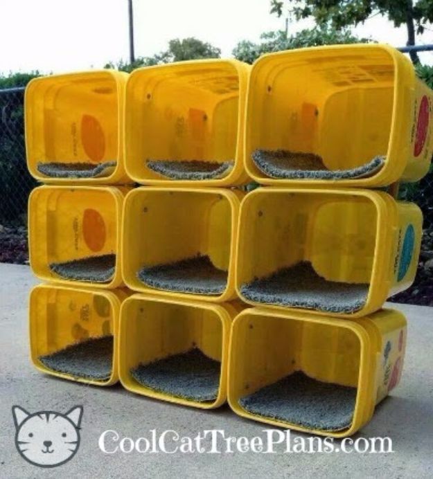 DIY Ideas With Carpet Scraps - Recycled Litter Pail Cat Condo - Cool Crafts To Make With Old Carpet Remnants - Cheap Do It Yourself Gifts and Home Decor on A Budget - Creative But Cheap Ideas for Decorating Your House and Room - Painted, No Sew and Creative Arts and Craft Projects http://diyjoy.com/diy-ideas-carpet-scraps