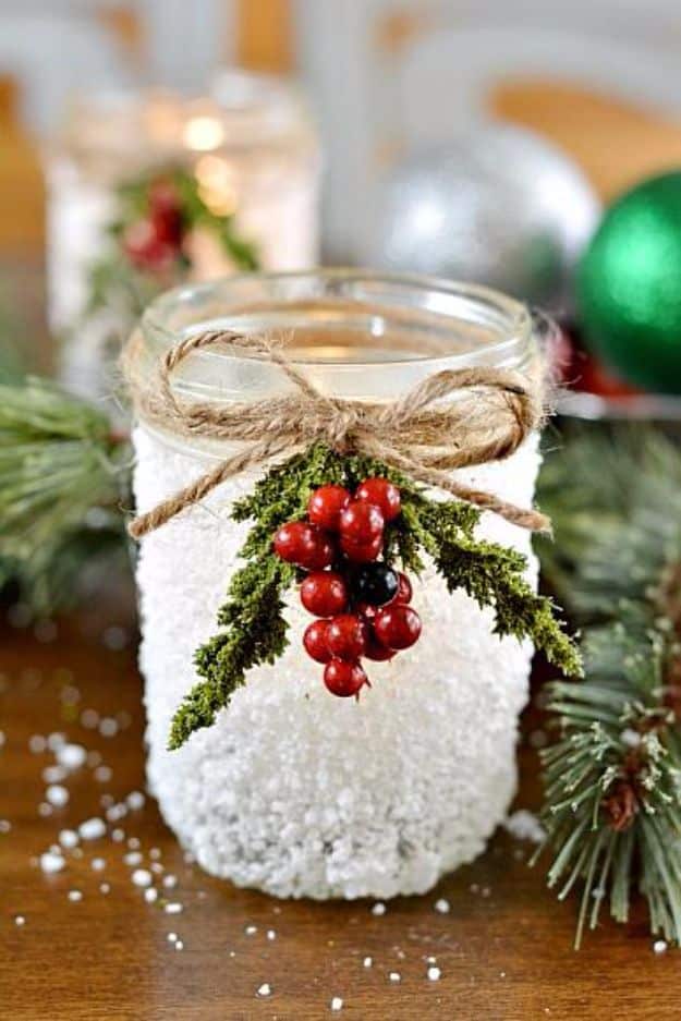 Cheap DIY Christmas Decor Ideas and Holiday Decorating On A Budget - Snowy Mason Jar - Easy and Quick Decorating Ideas for The Holidays - Cool Dollar Store Crafts for Xmas Decorating On A Budget - wreaths, ornaments, bows, mantel decor, front door, tree and table centerpieces #christmas #diy #crafts
