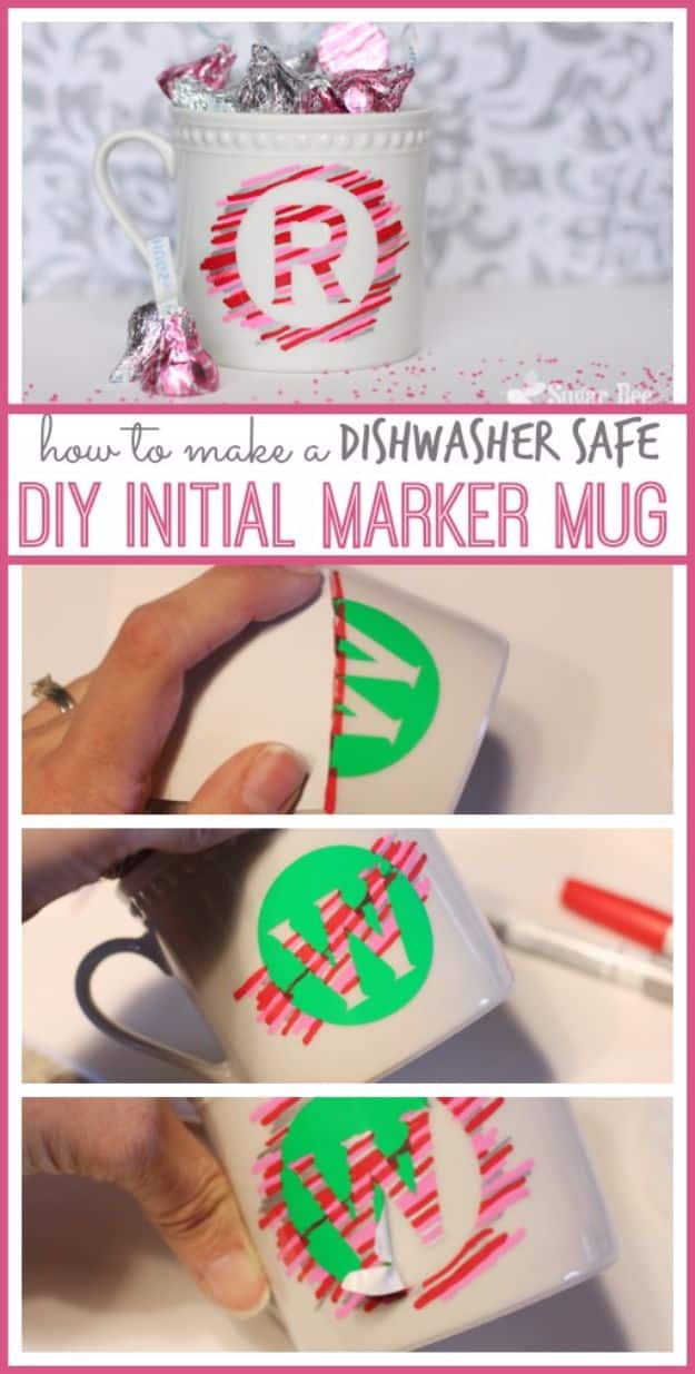 DIY Coffee Mugs - DIY Initial Marker Mug - Easy Coffee Mug Ideas for Homemade Gifts and Crafts - Decorate Your Coffee Cups and Tumblers With These Cool Art Ideas - Glitter, Paint, Sharpie Craft, Nail Polish Water Marble and Teen Projects http://diyjoy.com/diy-coffee-mugs