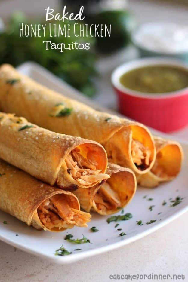 Best Brunch Recipes - Baked Honey Lime Chicken Taquitos with Green Chile Sour Cream - Eggs, Pancakes, Waffles, Casseroles, Vegetable Dishes and Side, Potato Recipe Ideas for Brunches - Serve A Crowd and Family with the versions of Eggs Benedict, Mimosas, Muffins and Pastries, Desserts - Make Ahead , Slow Cooler and Healthy Casserole Recipes #brunch #breakfast #recipes