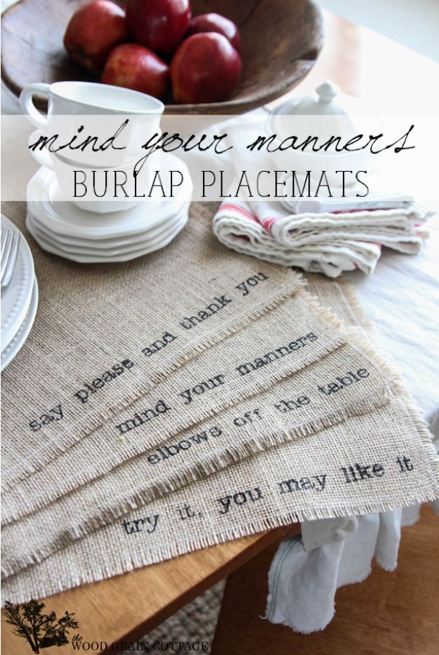 DIY Burlap Ideas - DIY Burlap Placemats - Burlap Furniture, Home Decor and Crafts - Banners and Buntings, Wall Art, Ottoman from Coffee Sacks, Wreath, Centerpieces and Table Runner - Kitchen, Bedroom, Living Room, Bathroom Ideas - Shabby Chic Craft Projects and DIY Wedding Decor http://diyjoy.com/diy-burlap-decor-ideas