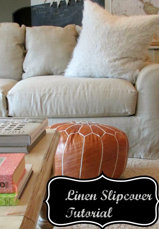 DIY Slipcovers - Linen Slipcovered Couch - Do It Yourself Slip Covers For Furniture - No Sew Ideas, Easy Fabrics Four Couch and Sofa Cover - Chair Projects and Ideas, How To Make a Slip cover with step by step tutorial and instructions - Cool DIY Home and Living Room Decor #slipcovers #diydecor