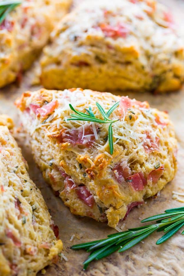 Best Brunch Recipes - Rosemary, Parmesan, and Ham Scones - Eggs, Pancakes, Waffles, Casseroles, Vegetable Dishes and Side, Potato Recipe Ideas for Brunches - Serve A Crowd and Family with the versions of Eggs Benedict, Mimosas, Muffins and Pastries, Desserts - Make Ahead , Slow Cooler and Healthy Casserole Recipes #brunch #breakfast #recipes