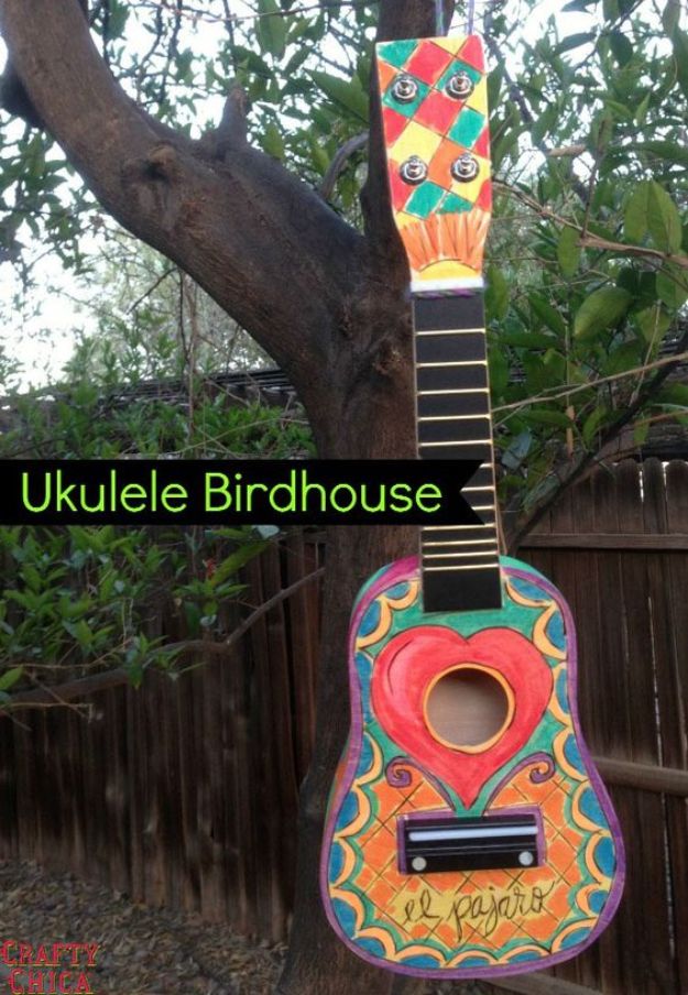 DIY Bird Houses - Woodburned Ukulele Birdhouse - Easy Bird House Ideas for Kids and Adult To Make - Free Plans and Tutorials for Wooden, Simple, Upcyle Designs, Recycle Plastic and Creative Ways To Make Rustic Outdoor Decor and a Home for the Birds - Fun Projects for Your Backyard This Summer 
